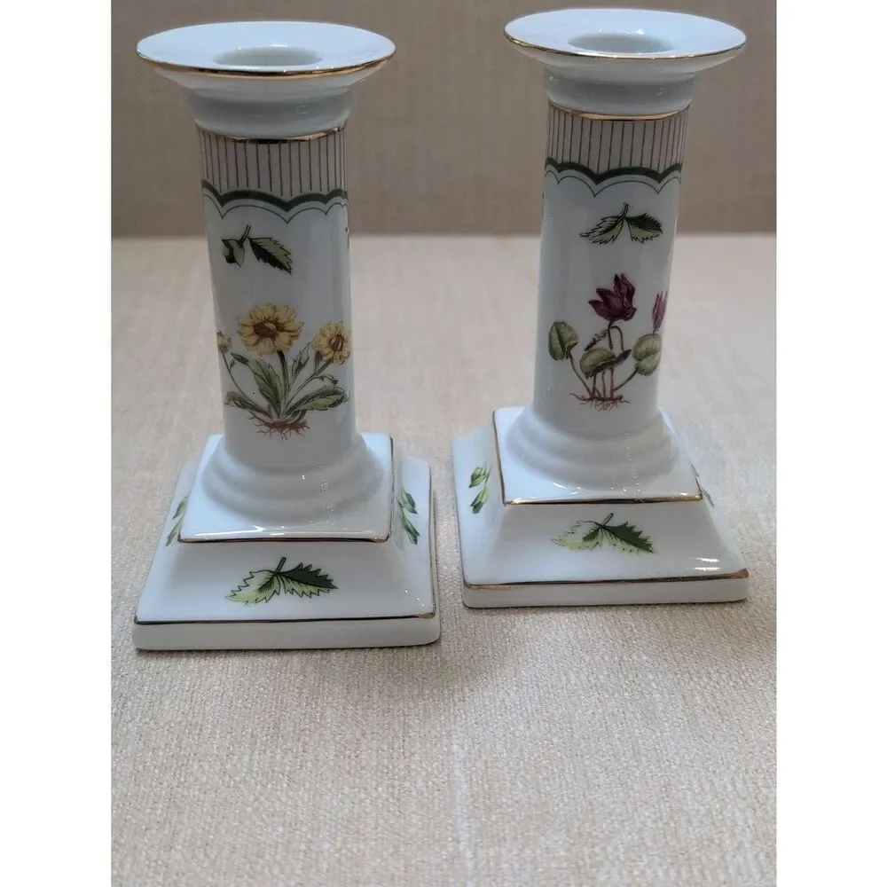 Porcelain Floral Candle Holders - White with Green and Floral Accents